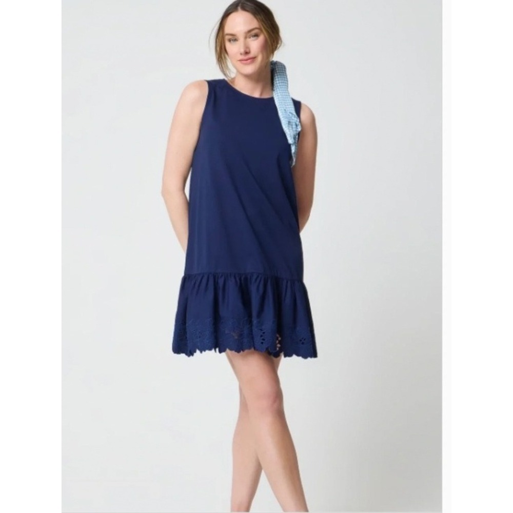 NEW J.Crew Mixed-Media Mini Dress Size Medium Navy Blue Eyelet Ruffle Hem Cotton